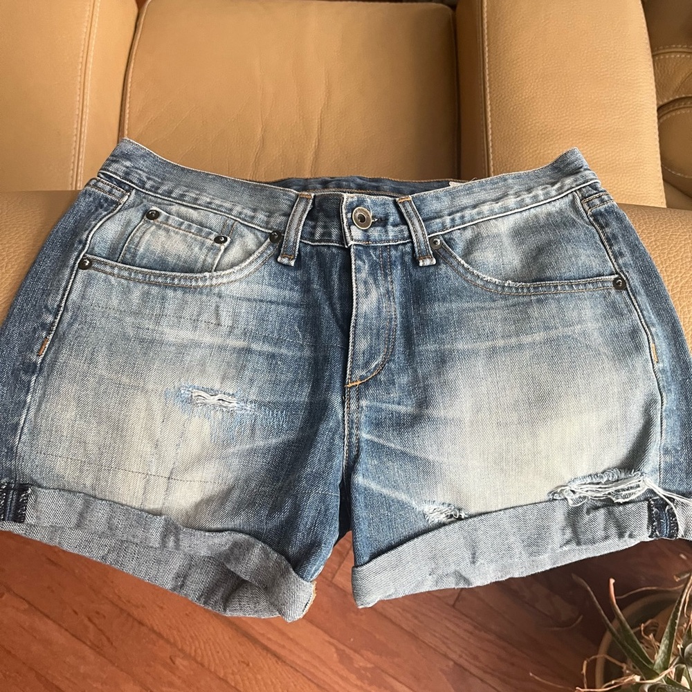 rag & bone Blue Jean Shorts with Vintage Distressing
